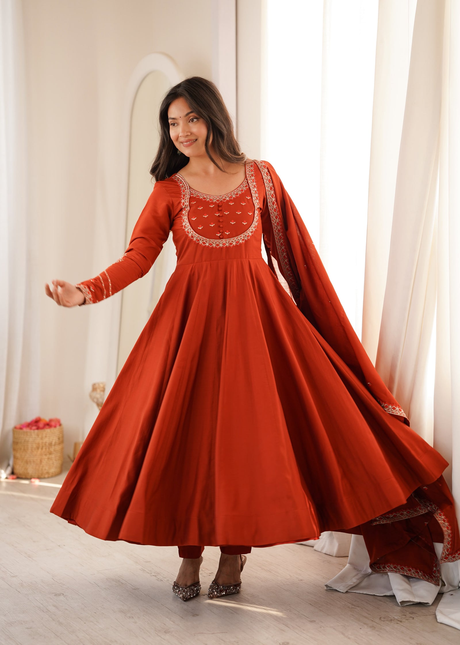 Rust Orange Embroidered Anarkali Kurta Set with Dupatta