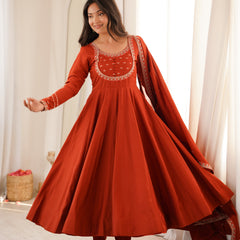 Rust Orange Embroidered Anarkali Kurta Set with Dupatta