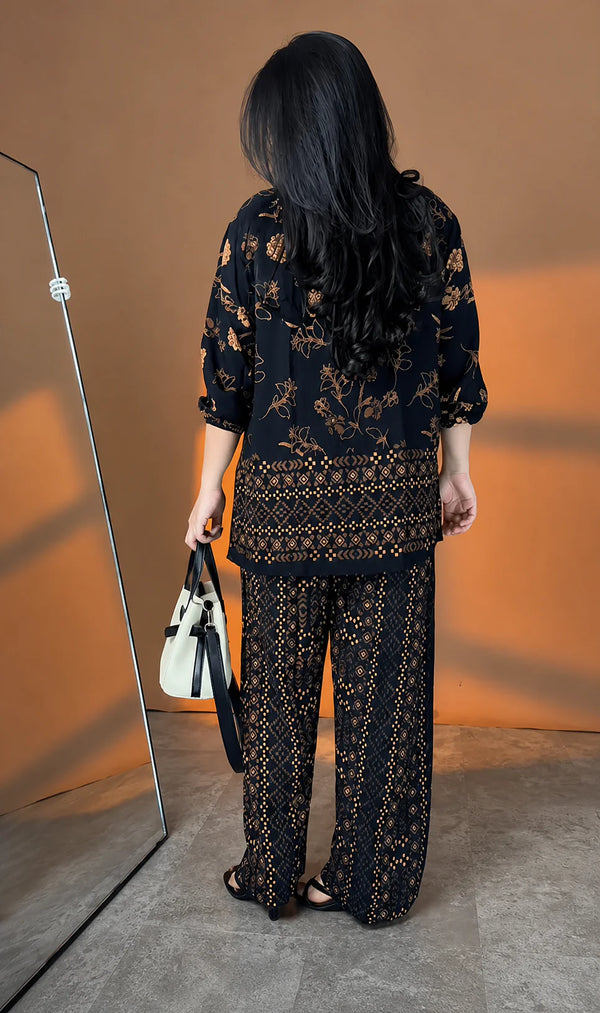 Elegant Midnight Flora & Geometric Print Co-ord Set