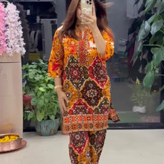 Women's Premium Orange Ethnic Printed Kurta Pant Set