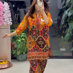 Women's Premium Orange Ethnic Printed Kurta Pant Set