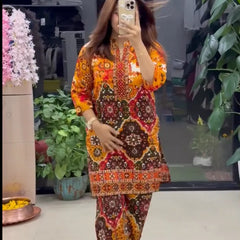 Women's Premium Orange Ethnic Printed Kurta Pant Set
