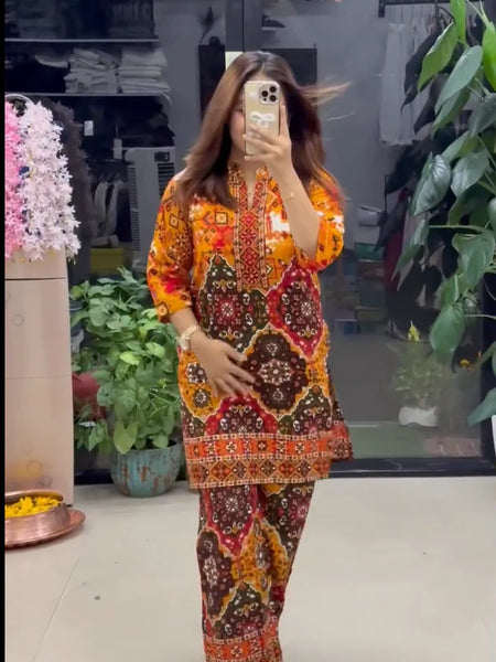 Women's Premium Orange Ethnic Printed Kurta Pant Set
