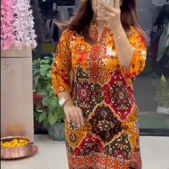 Women's Premium Orange Ethnic Printed Kurta Pant Set