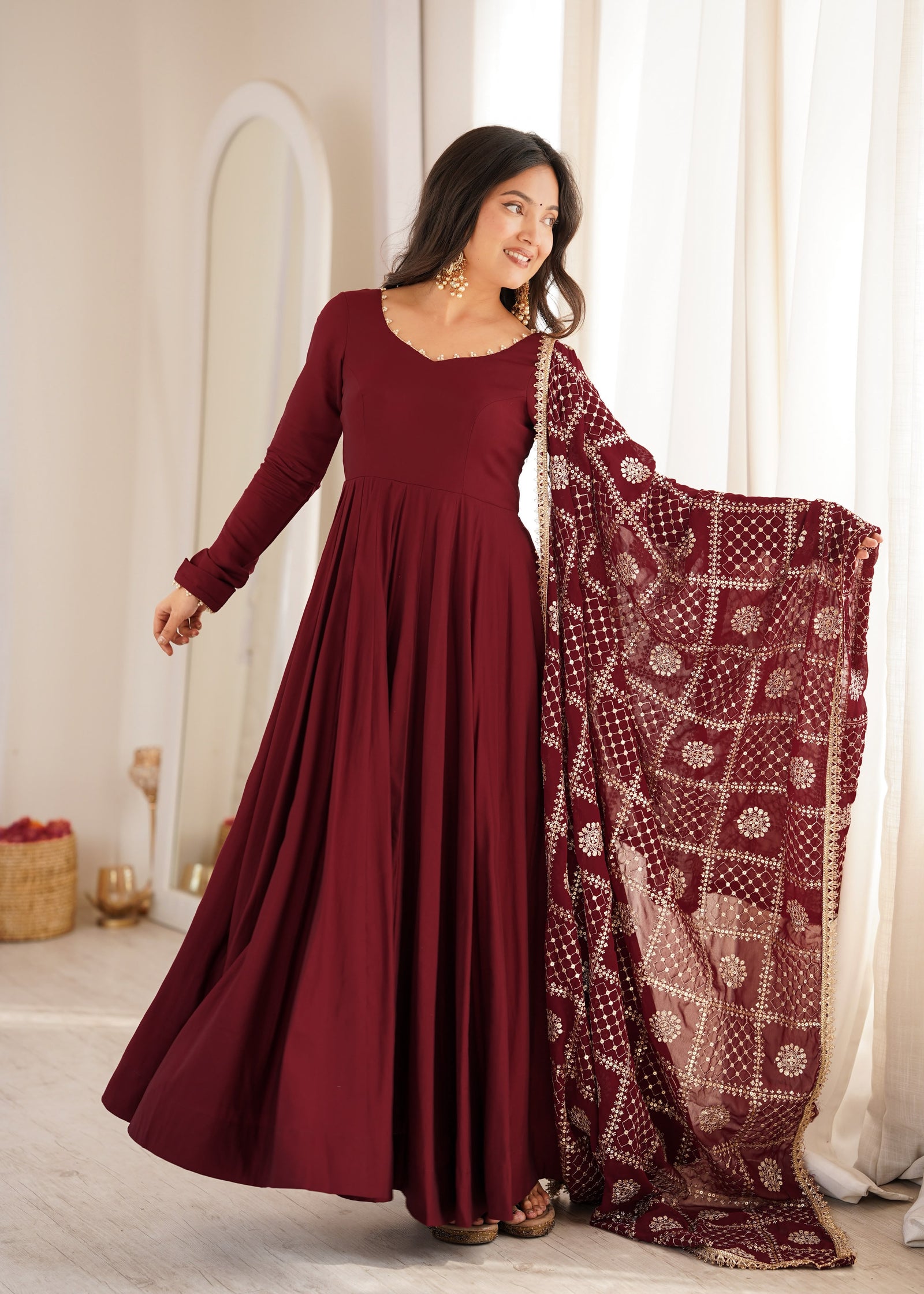 Noor Wine Embroidered Anarkali Suit Set