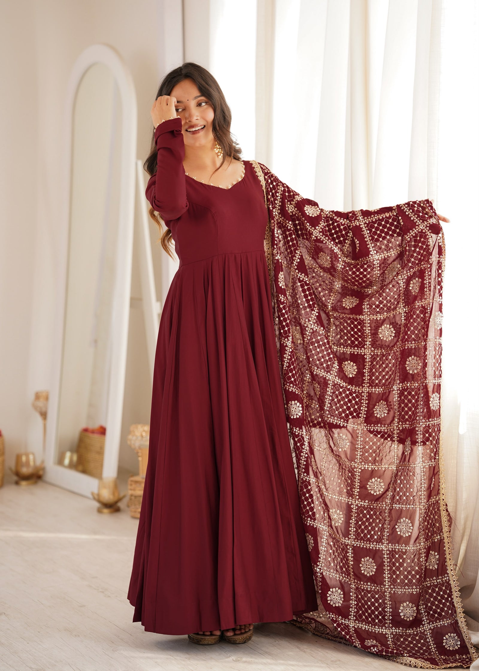 Noor Wine Embroidered Anarkali Suit Set
