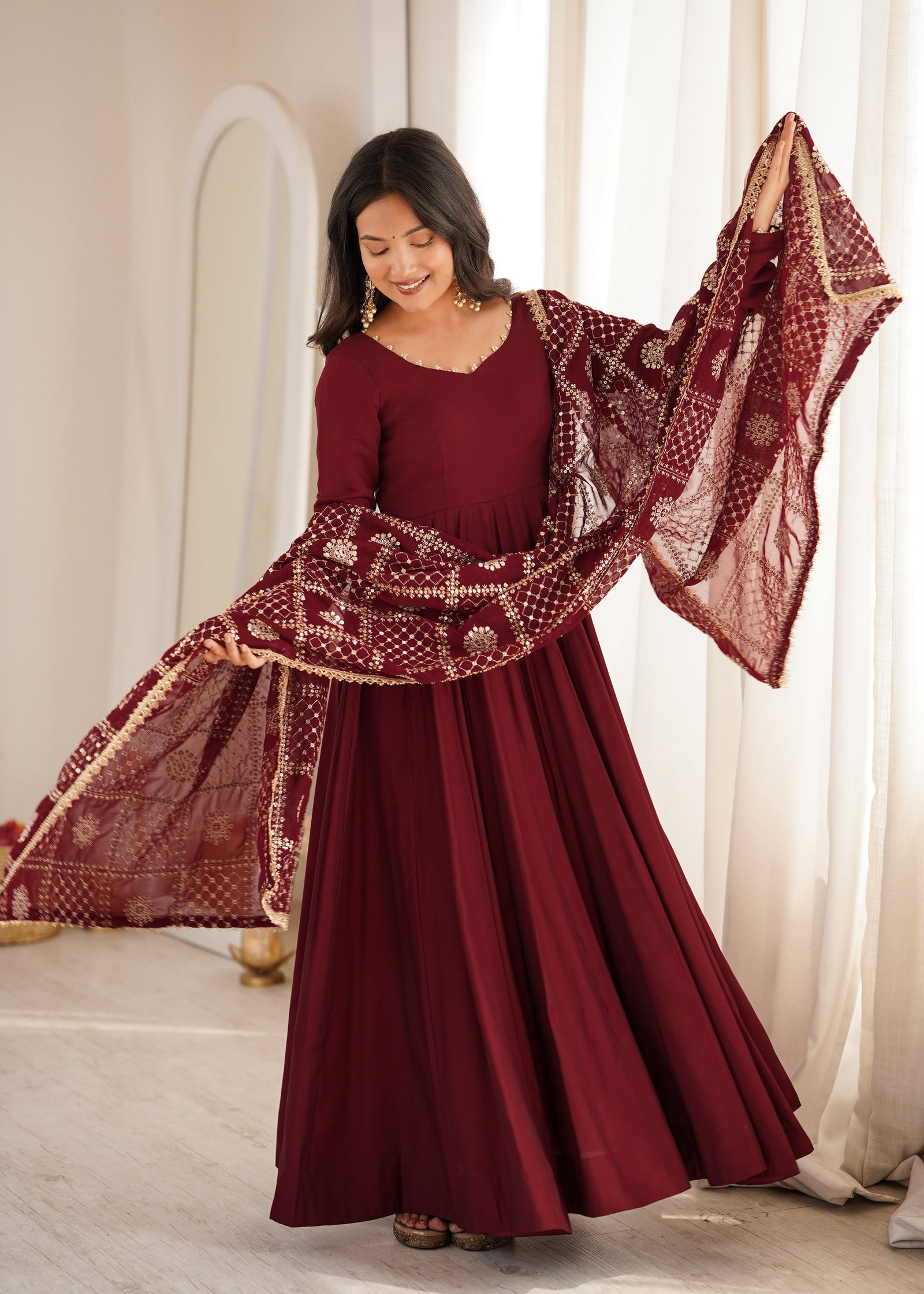Noor Wine Embroidered Anarkali Suit Set