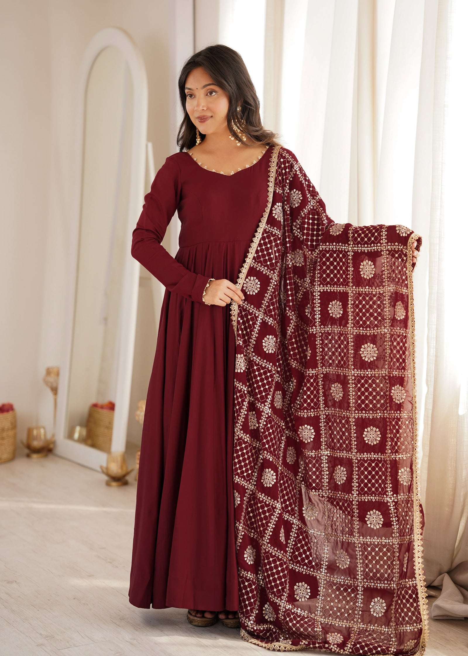Noor Wine Embroidered Anarkali Suit Set