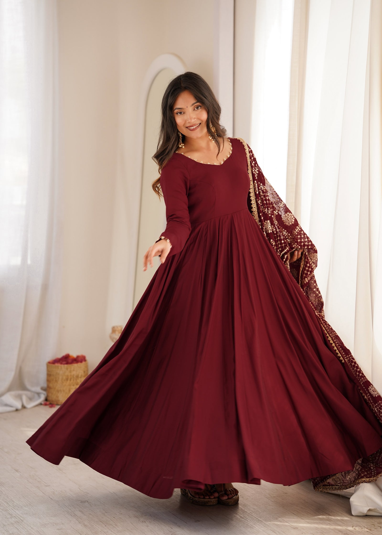 Noor Wine Embroidered Anarkali Suit Set