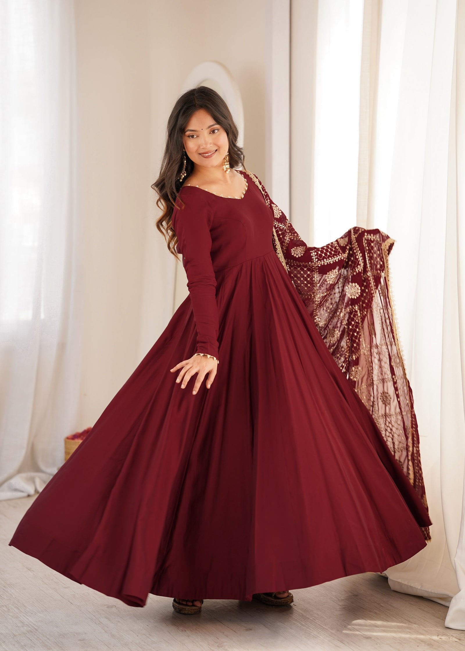Noor Wine Embroidered Anarkali Suit Set