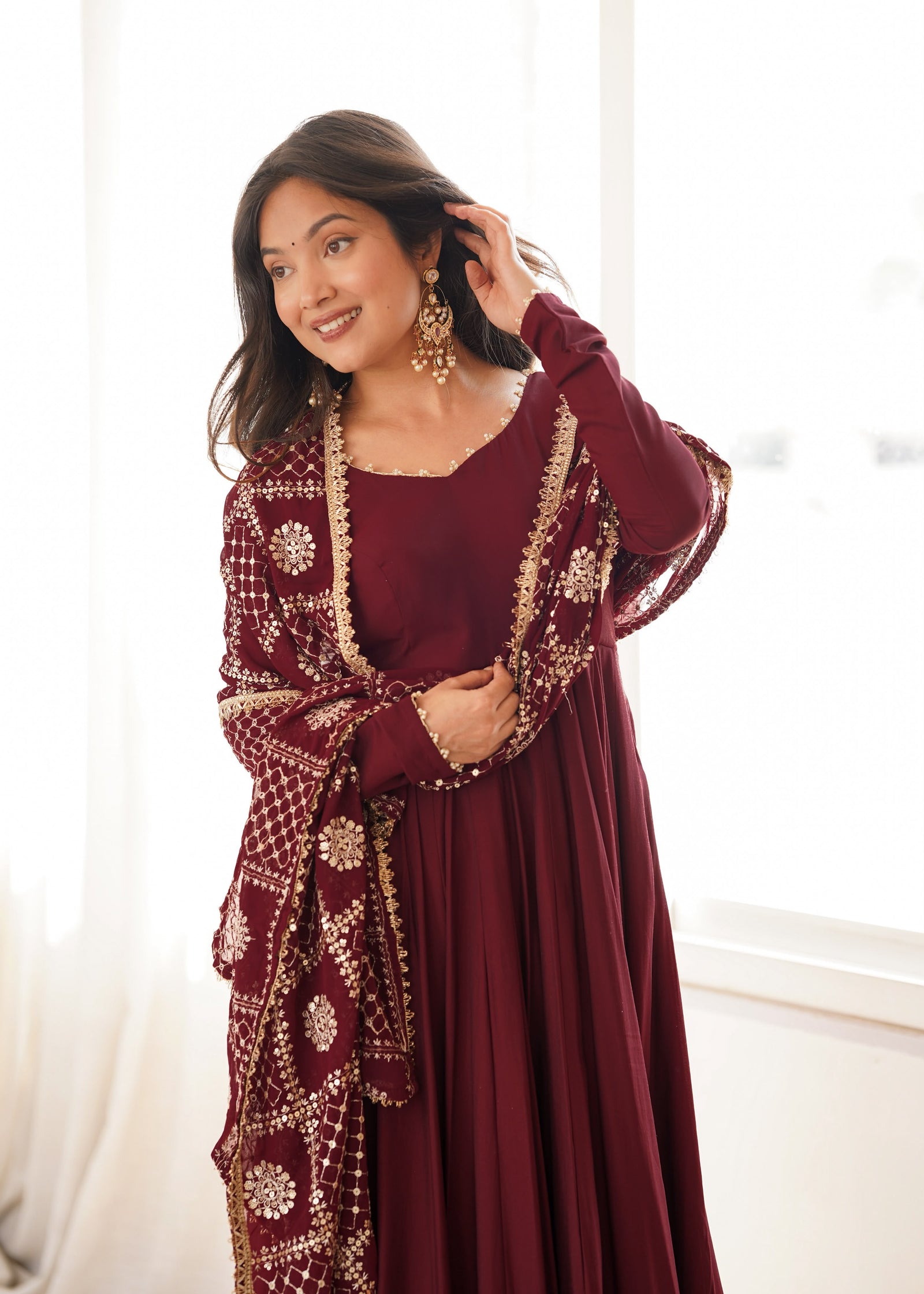 Noor Wine Embroidered Anarkali Suit Set