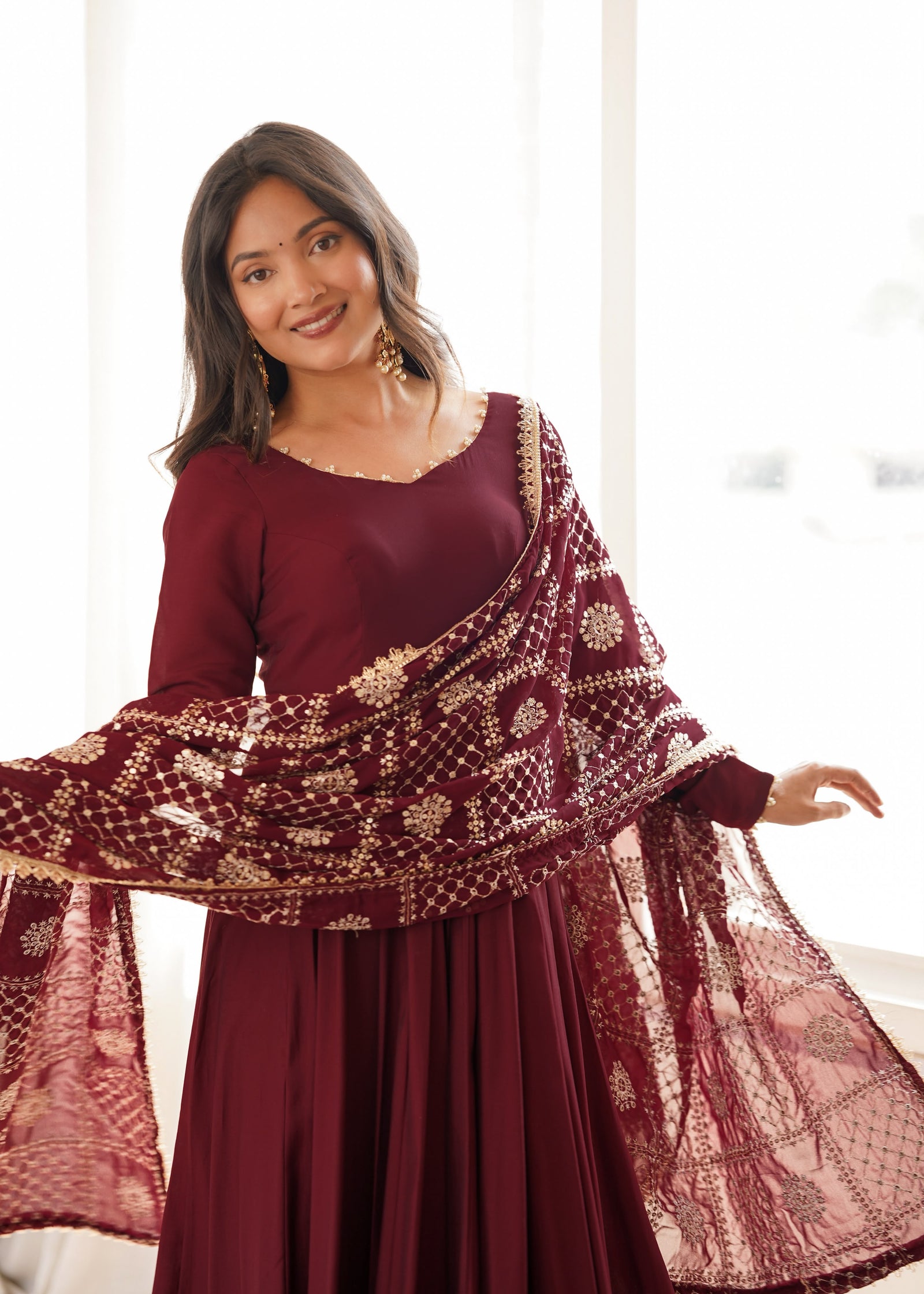 Noor Wine Embroidered Anarkali Suit Set