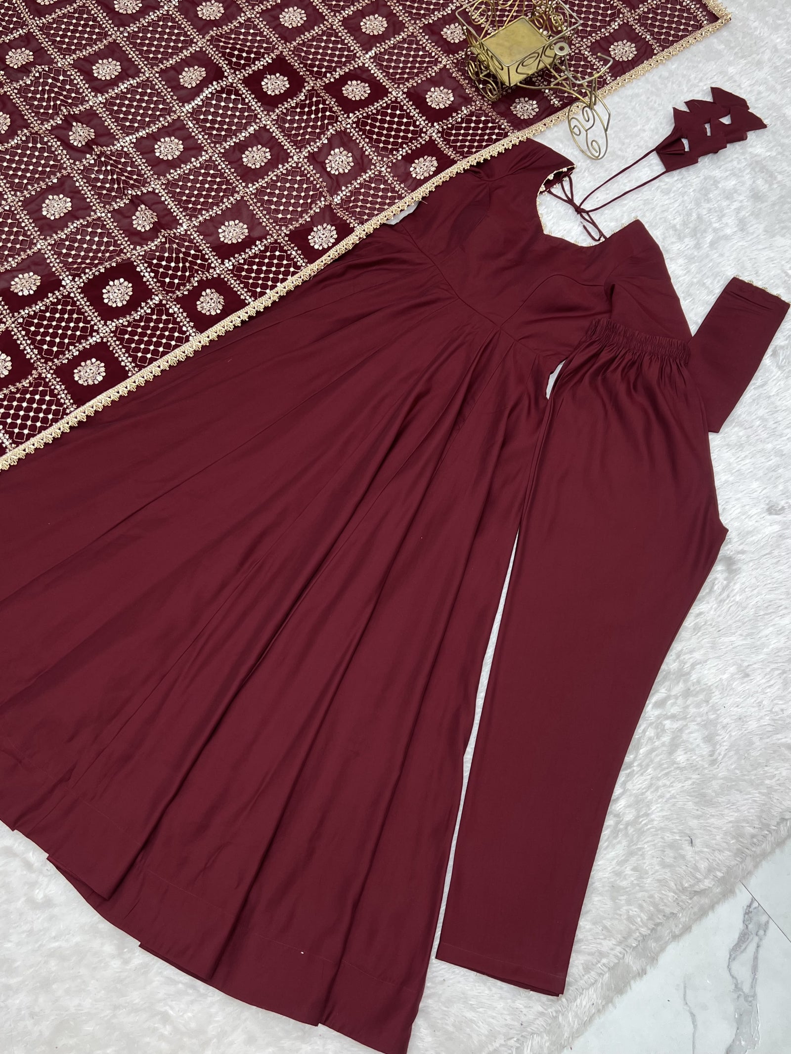 Noor Wine Embroidered Anarkali Suit Set