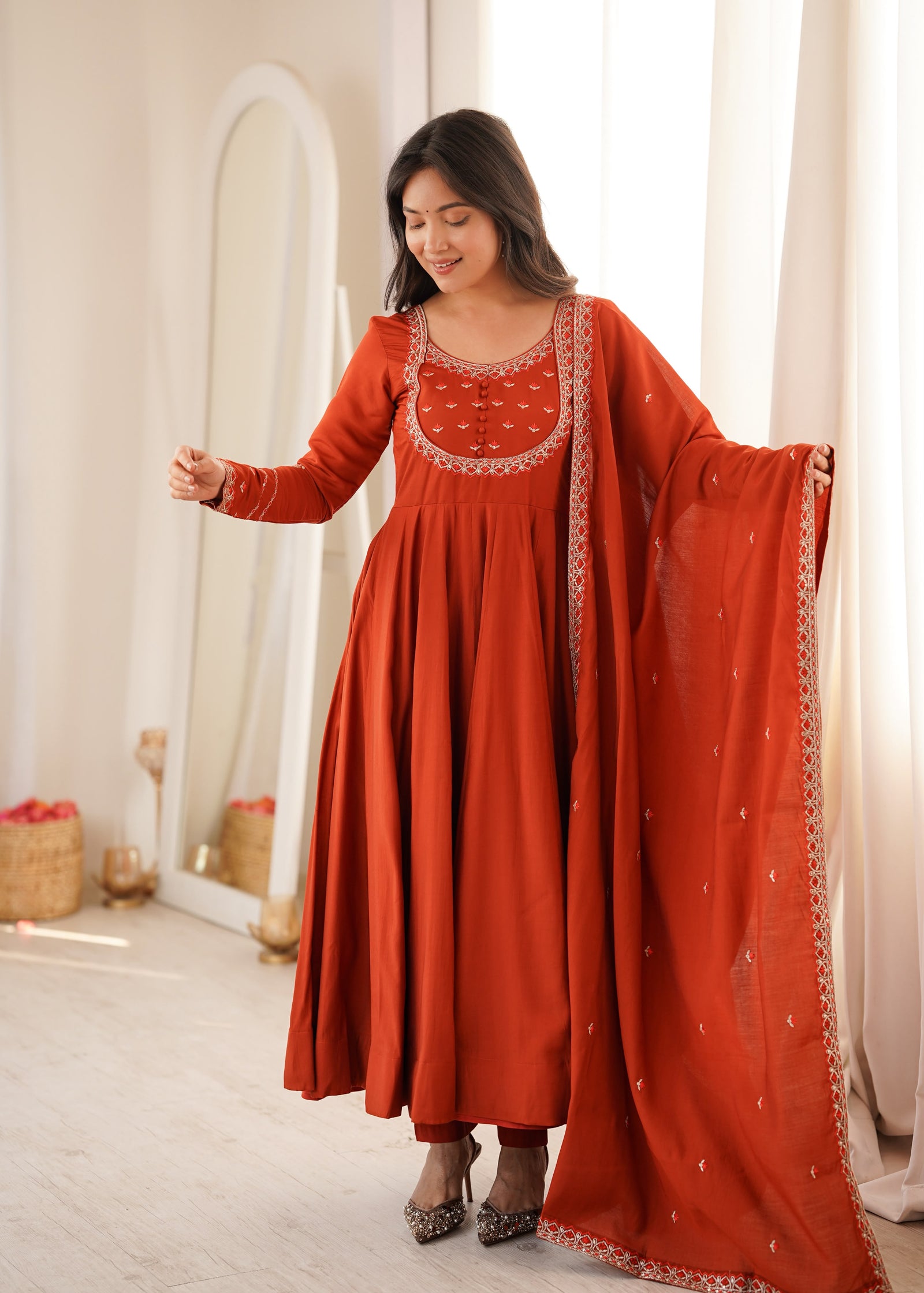 Rust Orange Embroidered Anarkali Kurta Set with Dupatta