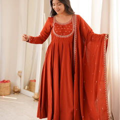 Rust Orange Embroidered Anarkali Kurta Set with Dupatta