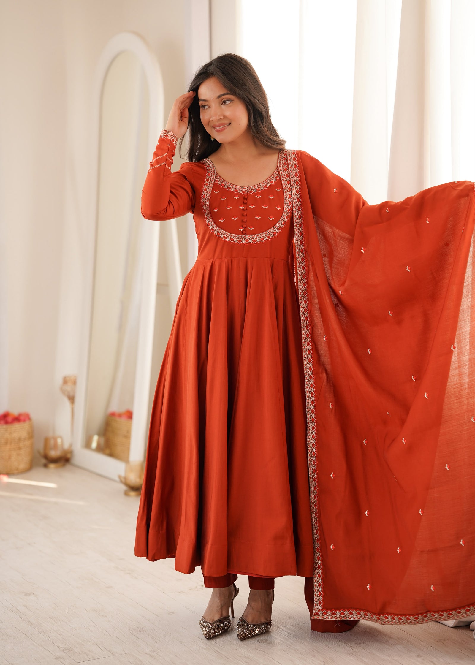Rust Orange Embroidered Anarkali Kurta Set with Dupatta