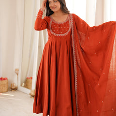 Rust Orange Embroidered Anarkali Kurta Set with Dupatta