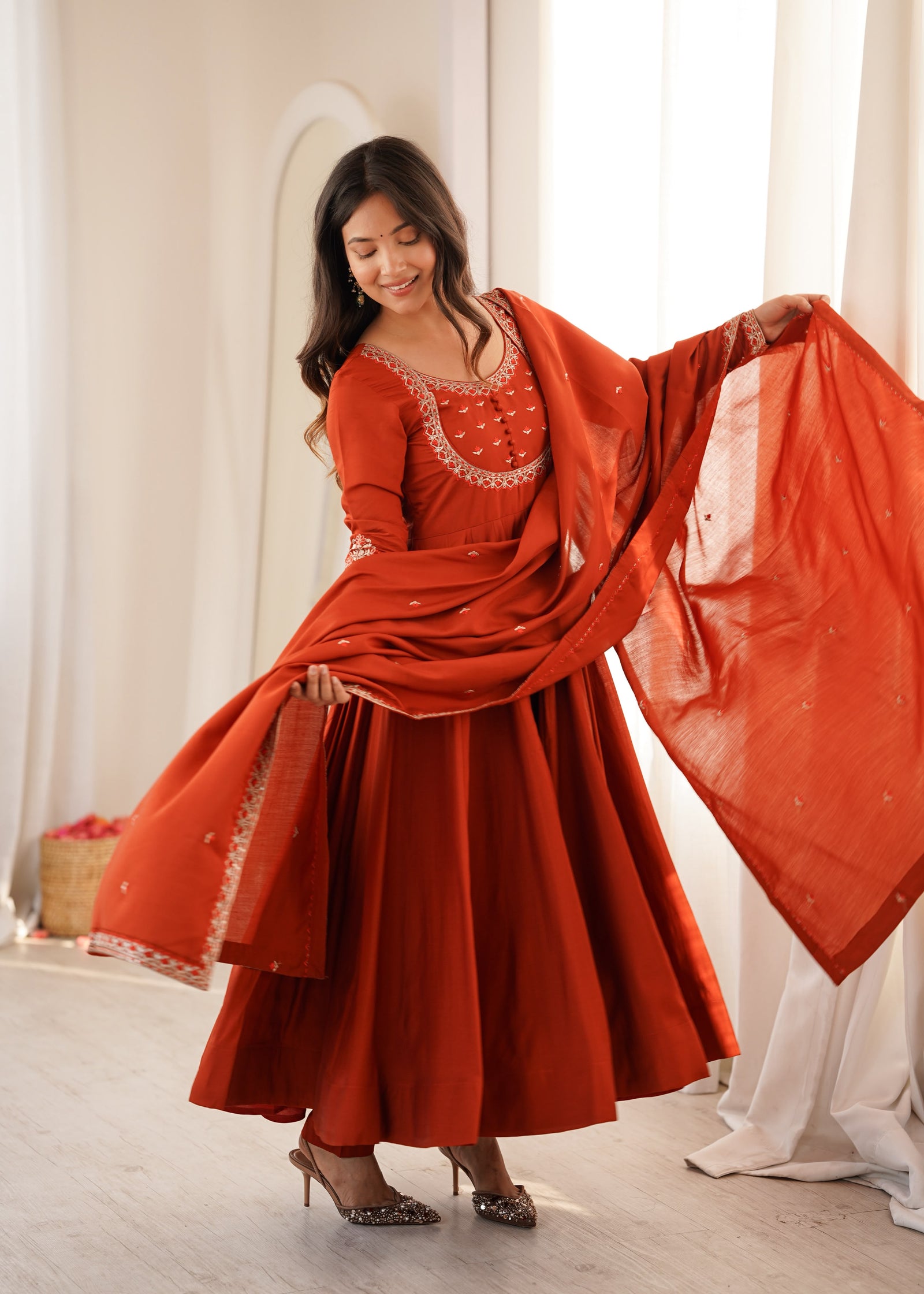Rust Orange Embroidered Anarkali Kurta Set with Dupatta