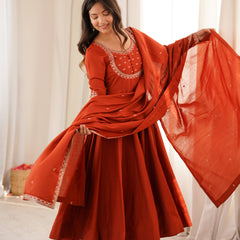 Rust Orange Embroidered Anarkali Kurta Set with Dupatta