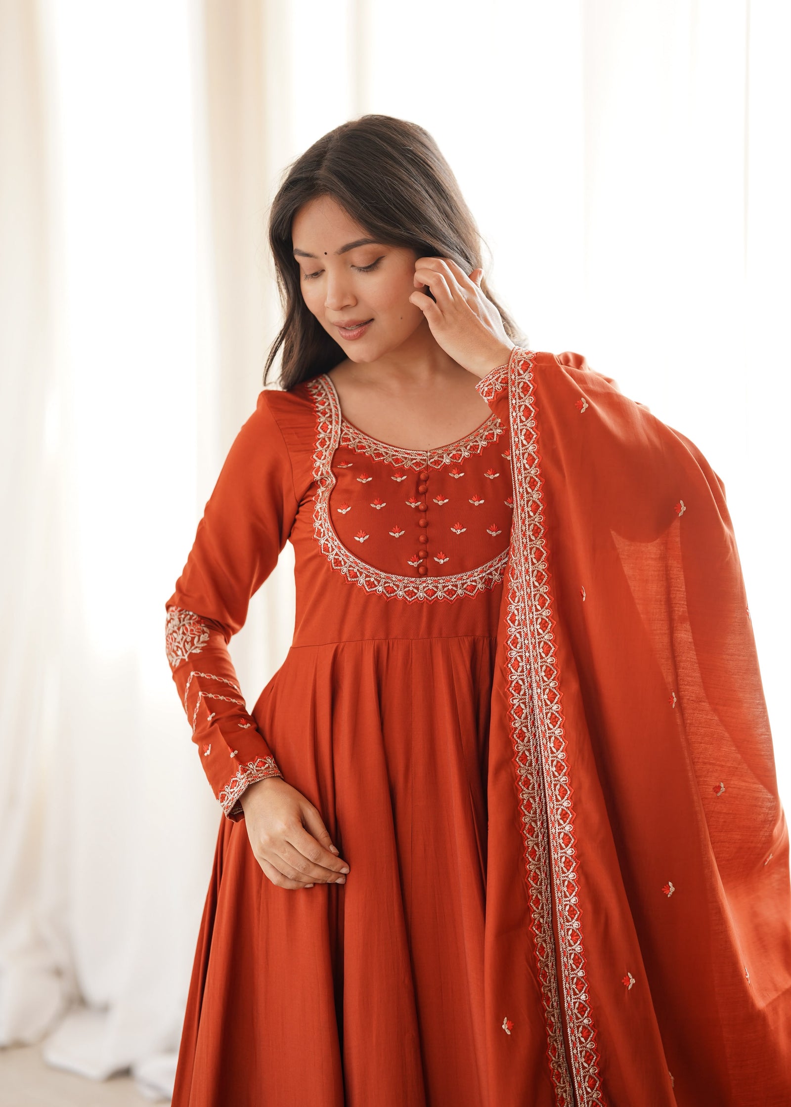 Rust Orange Embroidered Anarkali Kurta Set with Dupatta