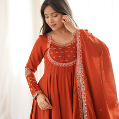 Rust Orange Embroidered Anarkali Kurta Set with Dupatta