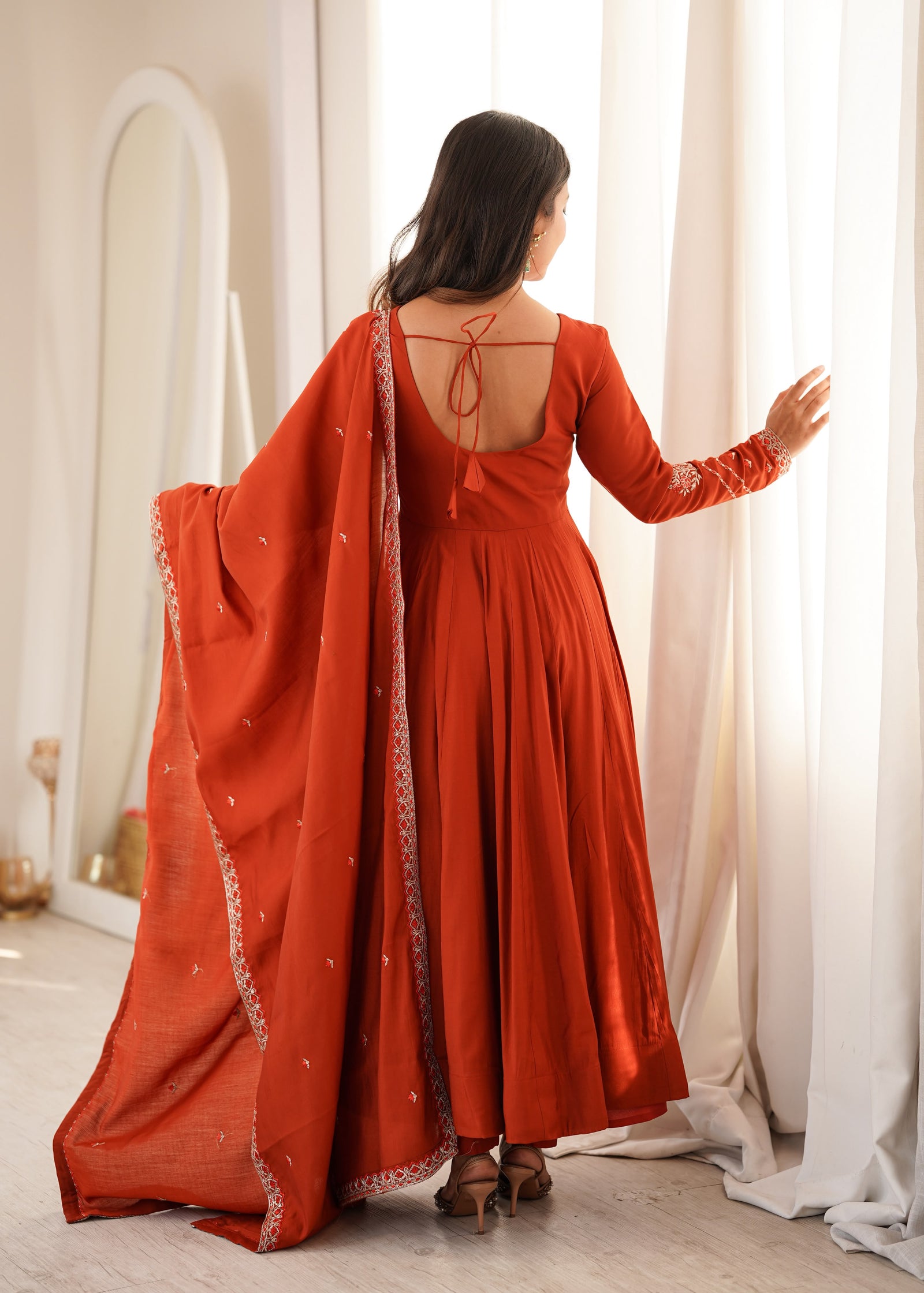 Rust Orange Embroidered Anarkali Kurta Set with Dupatta