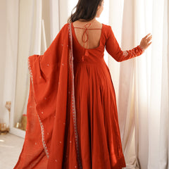 Rust Orange Embroidered Anarkali Kurta Set with Dupatta