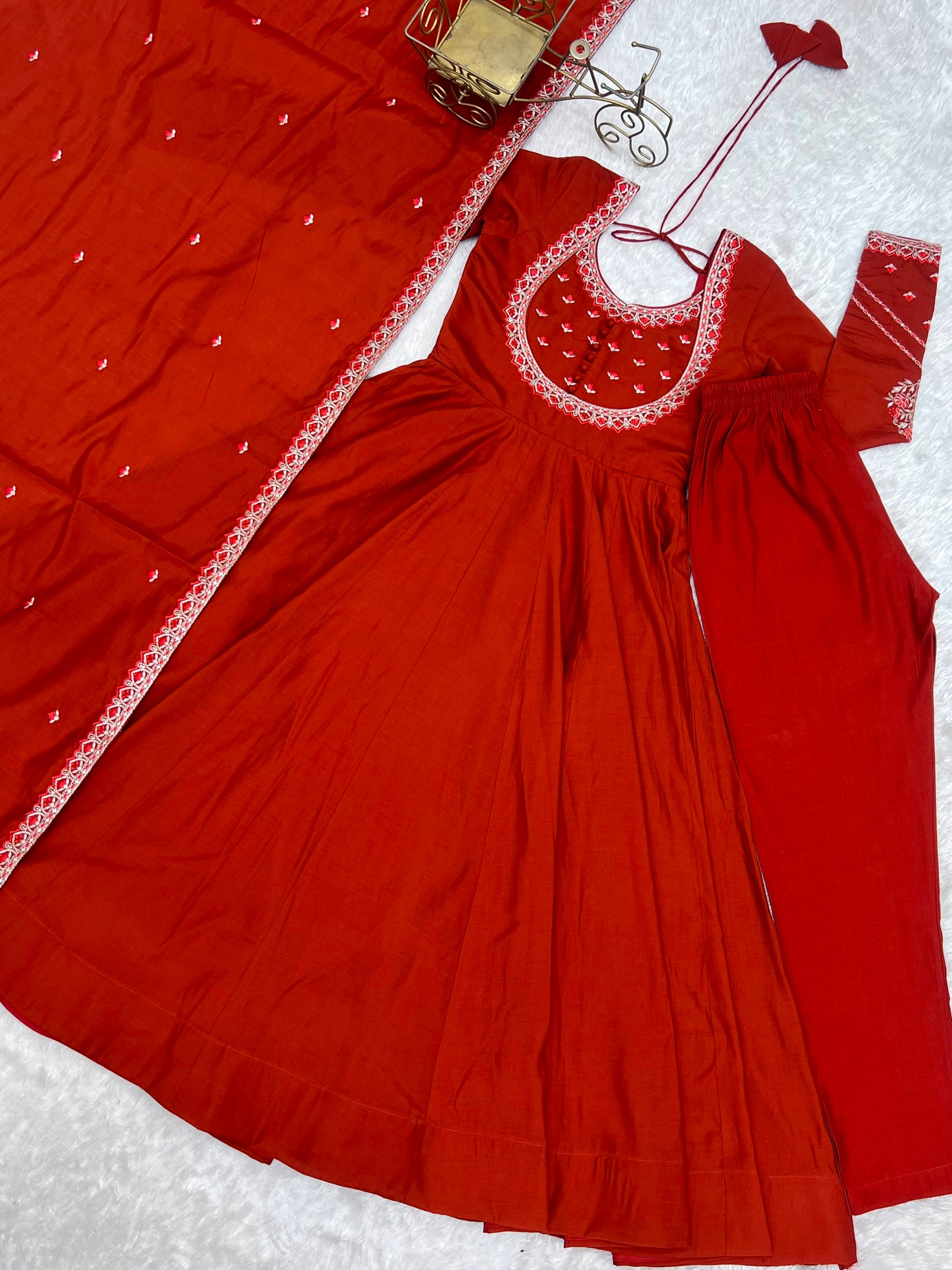 Rust Orange Embroidered Anarkali Kurta Set with Dupatta