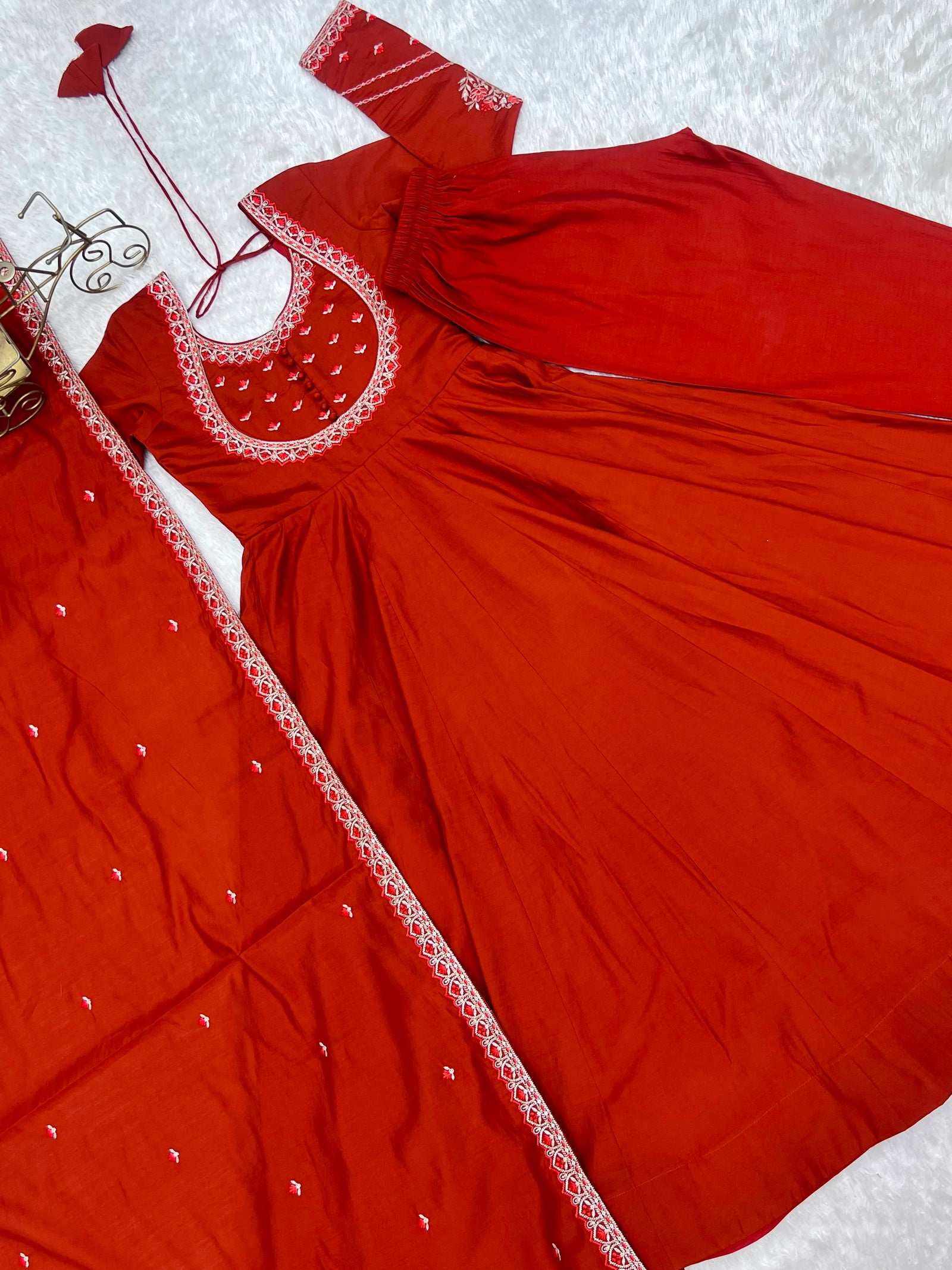 Rust Orange Embroidered Anarkali Kurta Set with Dupatta