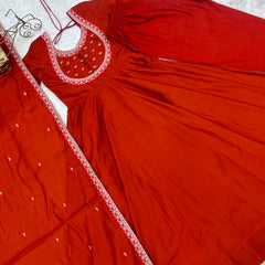 Rust Orange Embroidered Anarkali Kurta Set with Dupatta