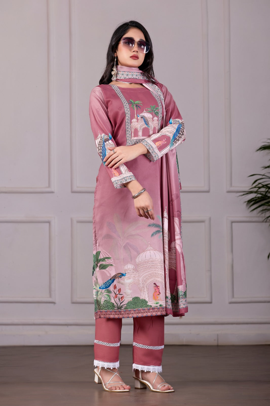 Royal Mughal Printed 3-Piece Embroidered Suit Set – Dusty Rose