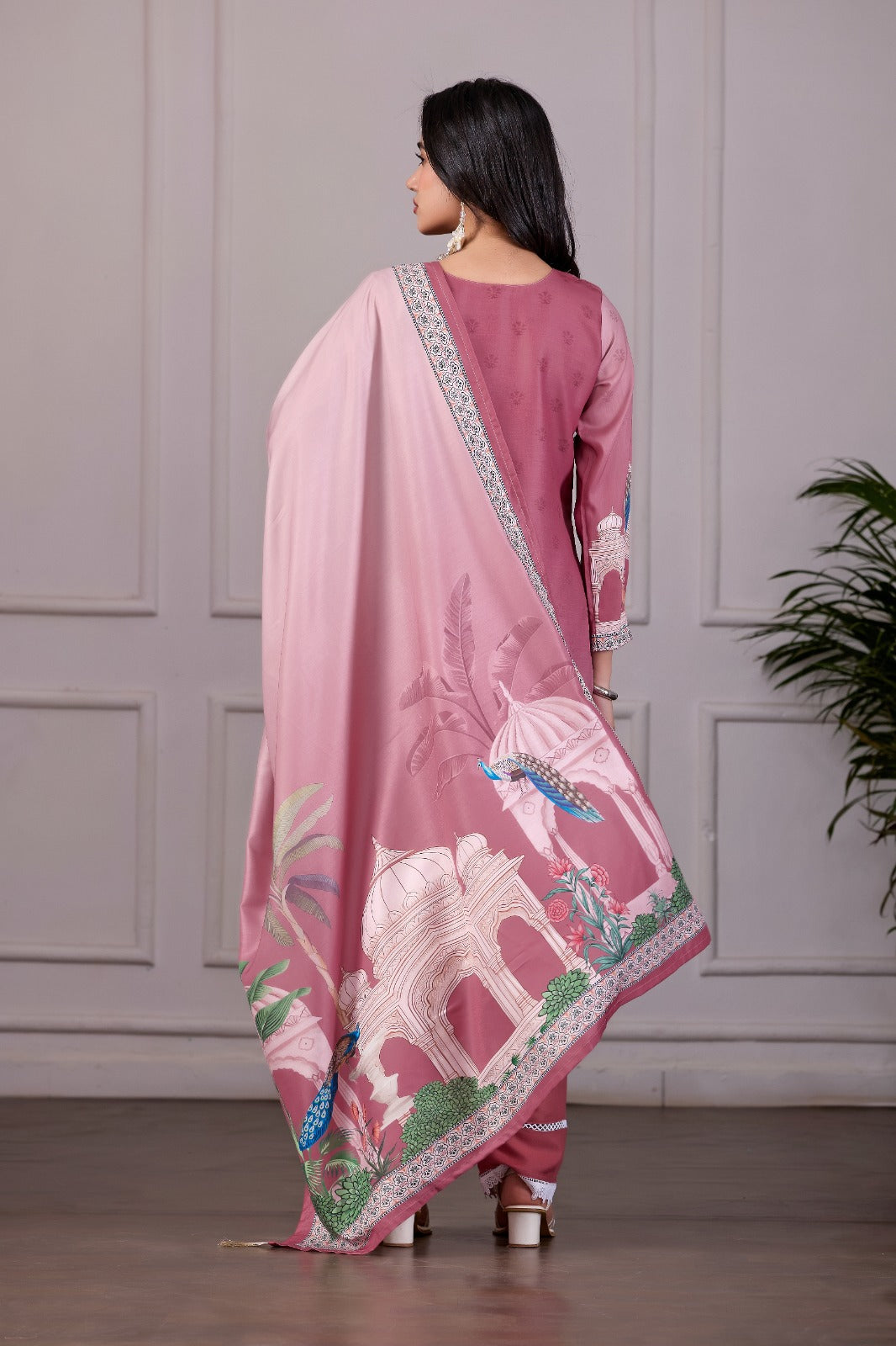 Royal Mughal Printed 3-Piece Embroidered Suit Set – Dusty Rose