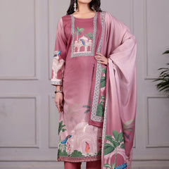 Royal Mughal Printed 3-Piece Embroidered Suit Set – Dusty Rose