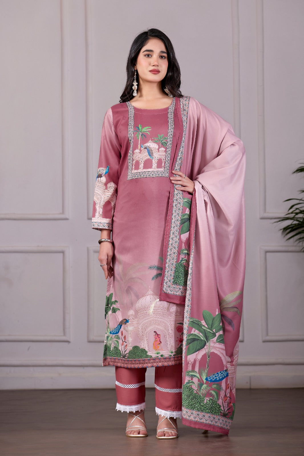 Royal Mughal Printed 3-Piece Embroidered Suit Set – Dusty Rose