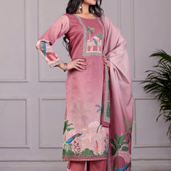 Royal Mughal Printed 3-Piece Embroidered Suit Set – Dusty Rose