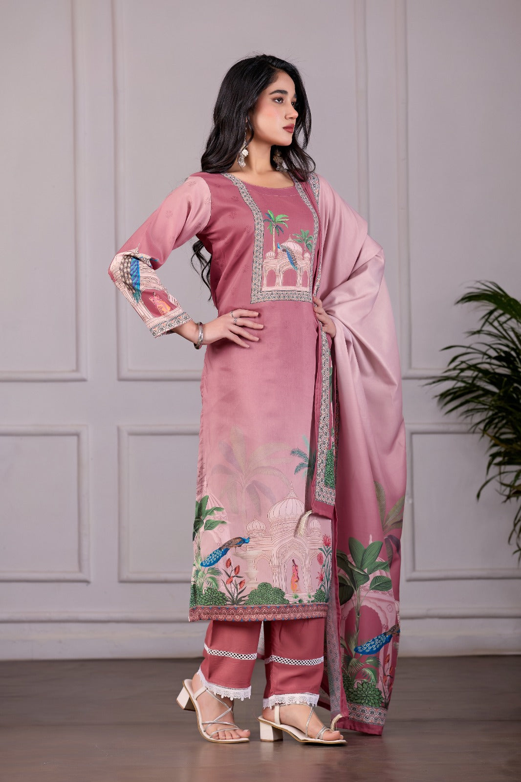 Royal Mughal Printed 3-Piece Embroidered Suit Set – Dusty Rose