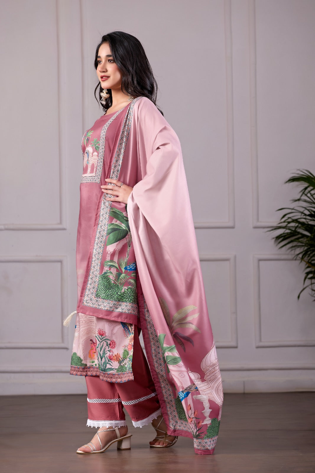 Royal Mughal Printed 3-Piece Embroidered Suit Set – Dusty Rose