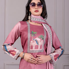 Royal Mughal Printed 3-Piece Embroidered Suit Set – Dusty Rose