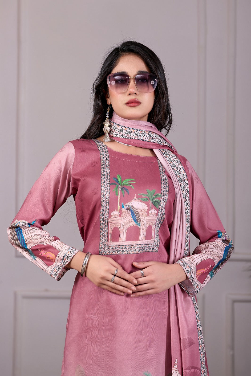 Royal Mughal Printed 3-Piece Embroidered Suit Set – Dusty Rose
