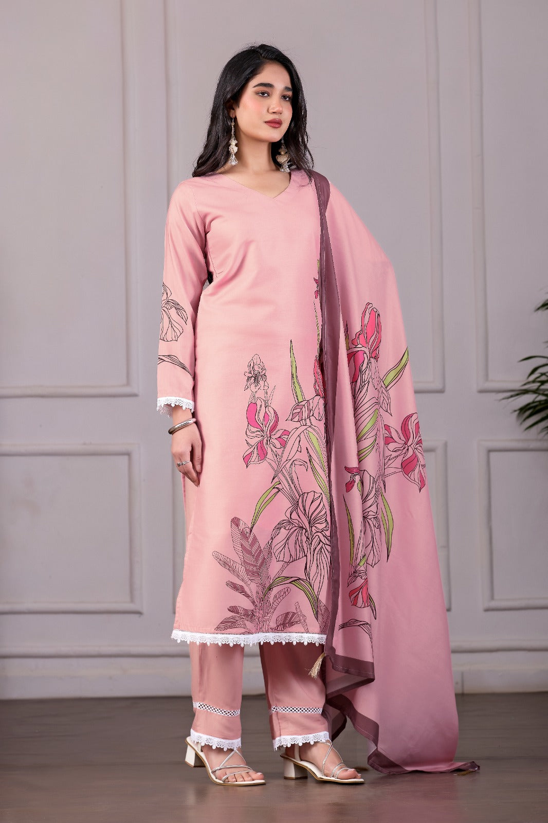 Floral Printed Pink 3-Piece Suit Set with Dupatta