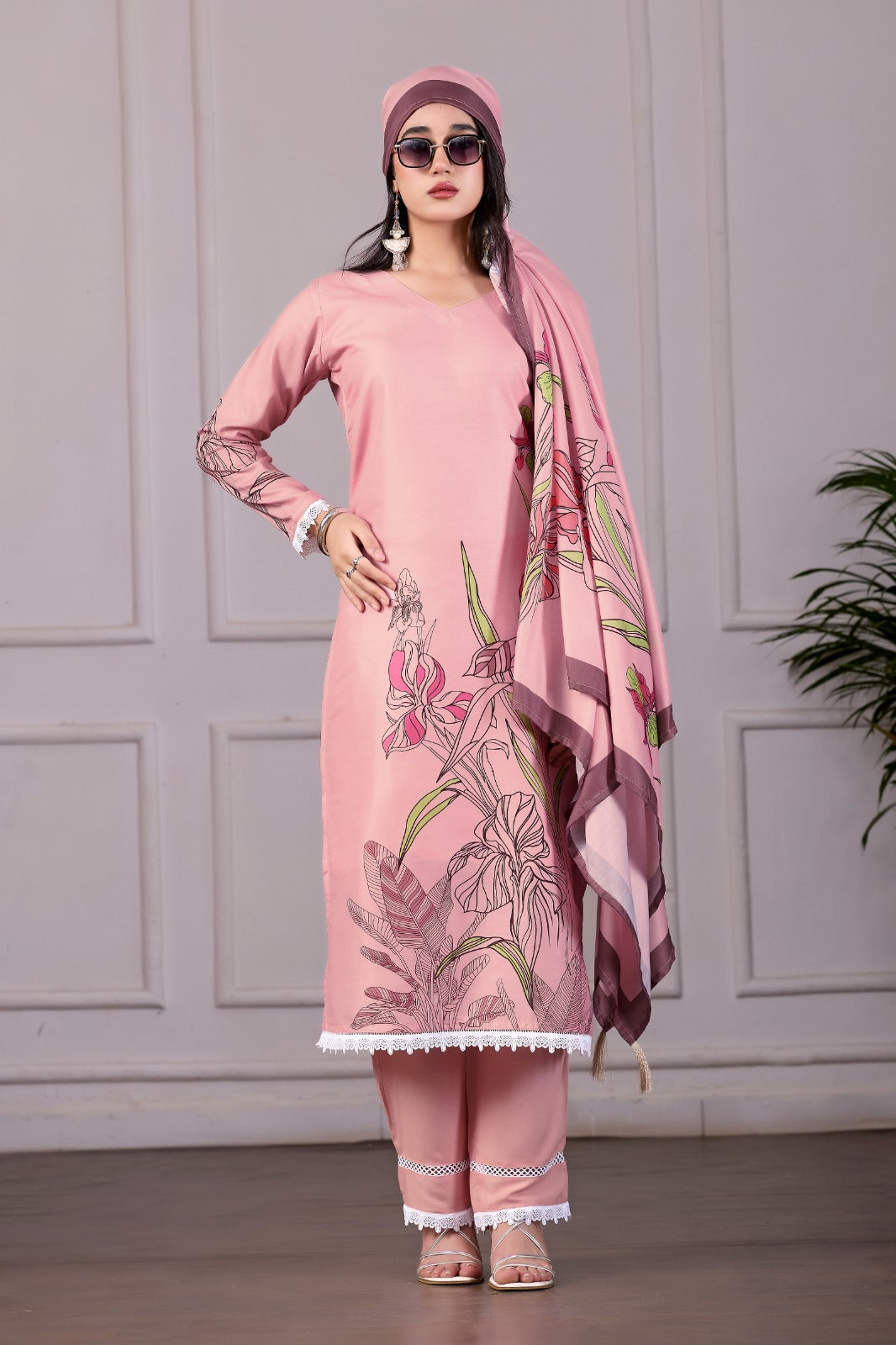Floral Printed Pink 3-Piece Suit Set with Dupatta