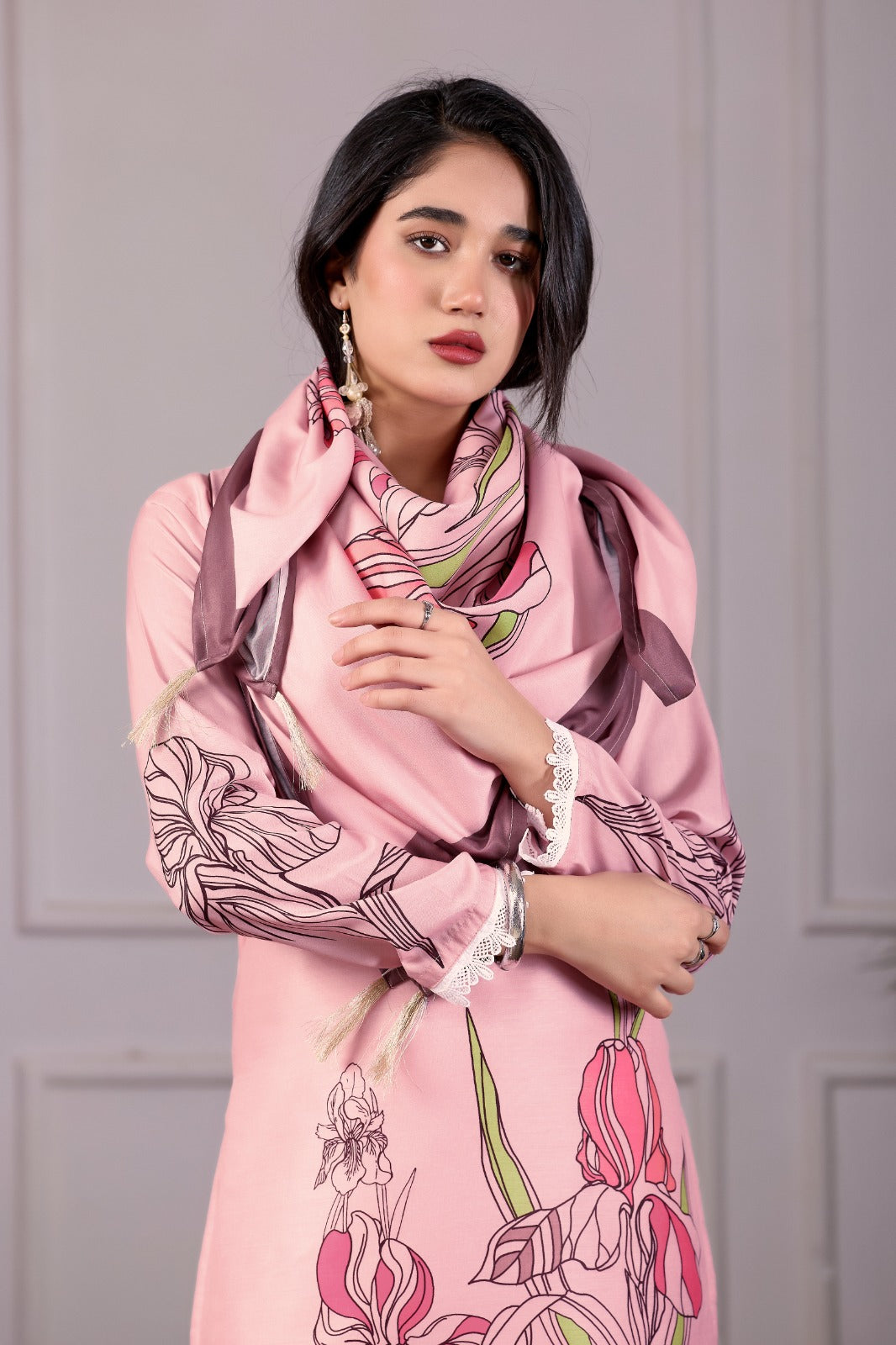 Floral Printed Pink 3-Piece Suit Set with Dupatta