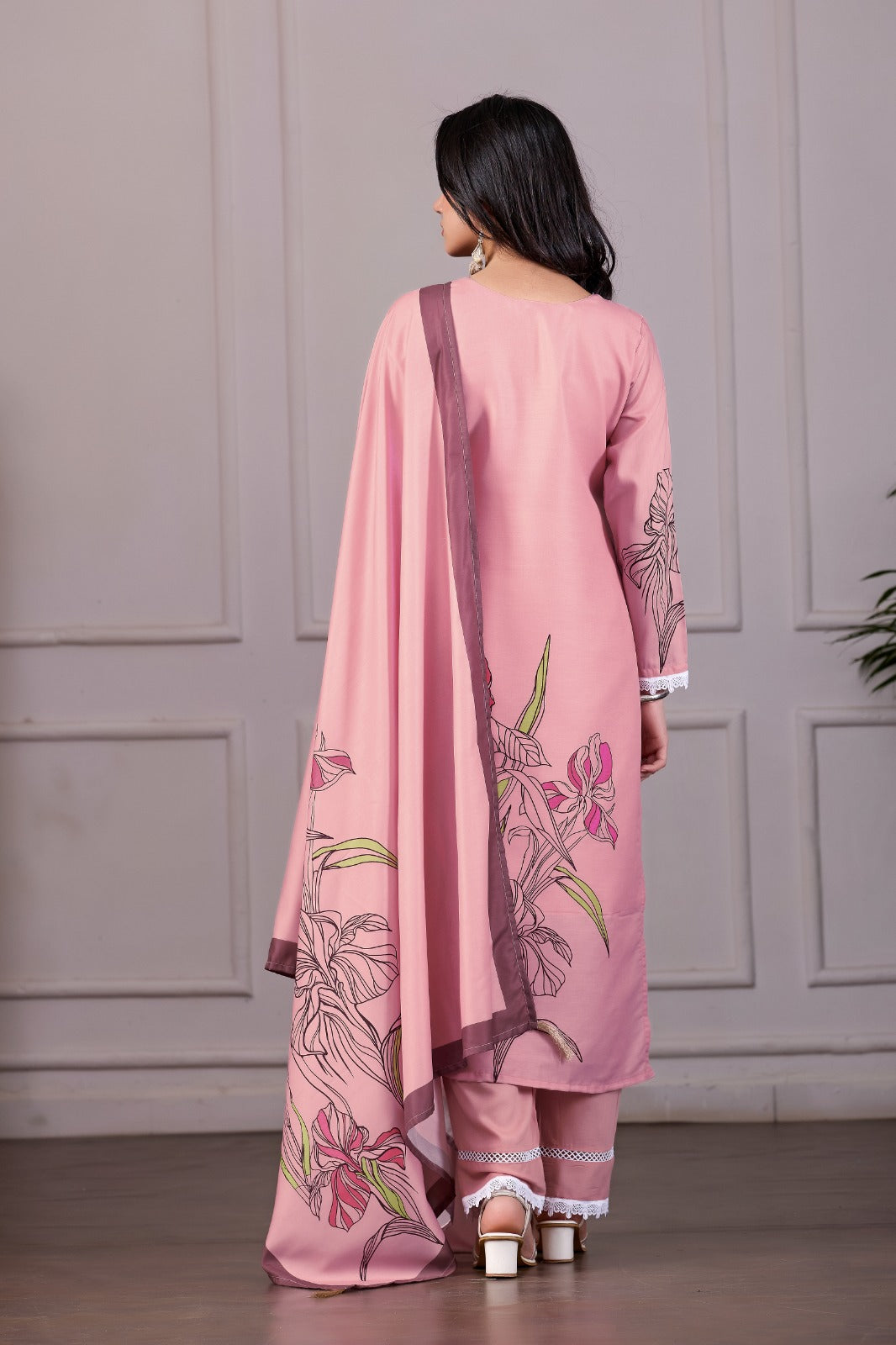 Floral Printed Pink 3-Piece Suit Set with Dupatta