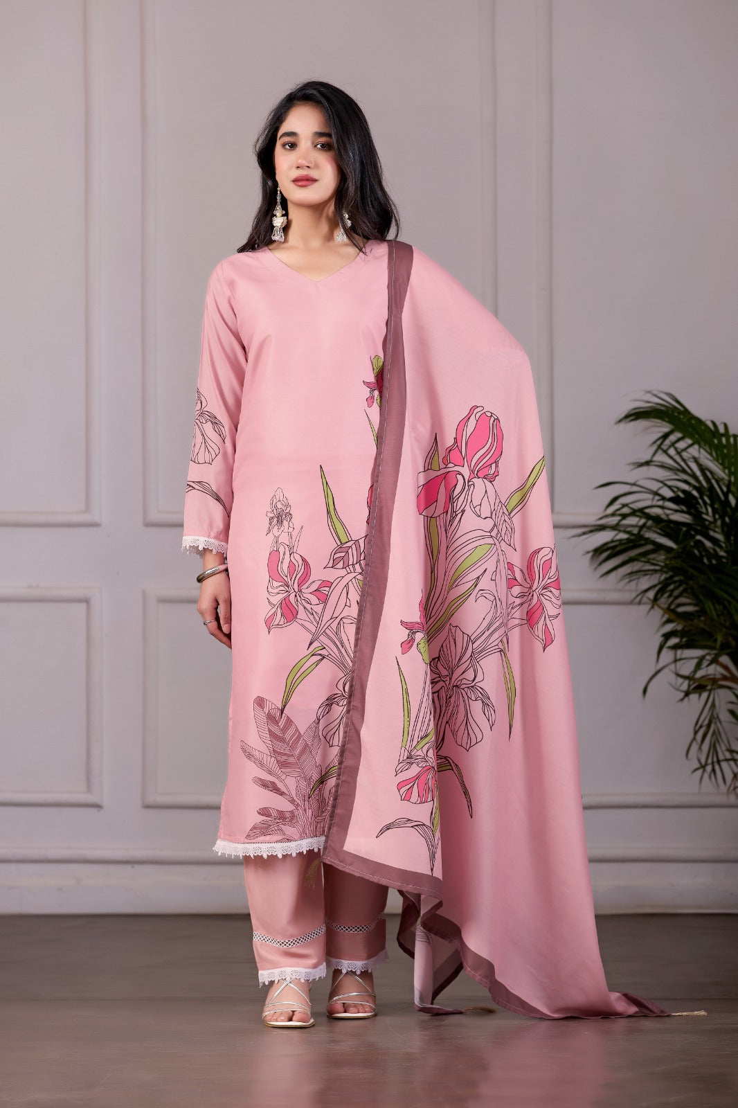 Floral Printed Pink 3-Piece Suit Set with Dupatta