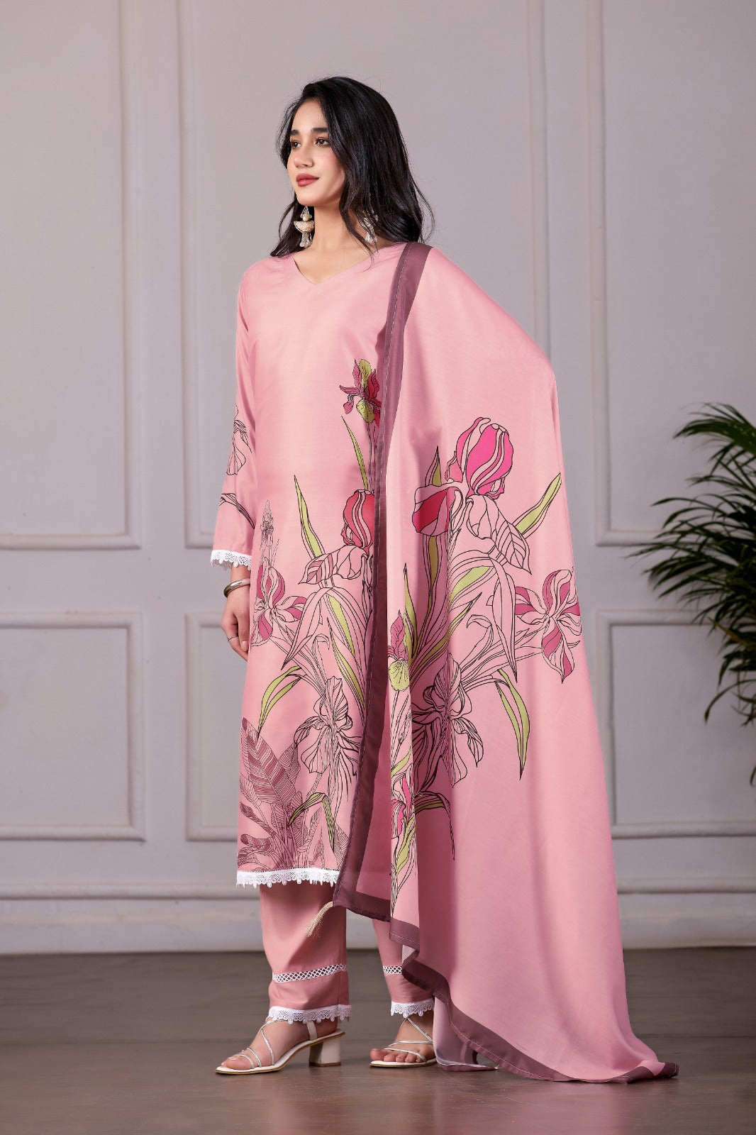 Floral Printed Pink 3-Piece Suit Set with Dupatta