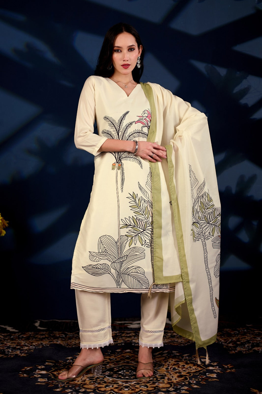 Ivory Botanica Printed 3-Piece Suit Set