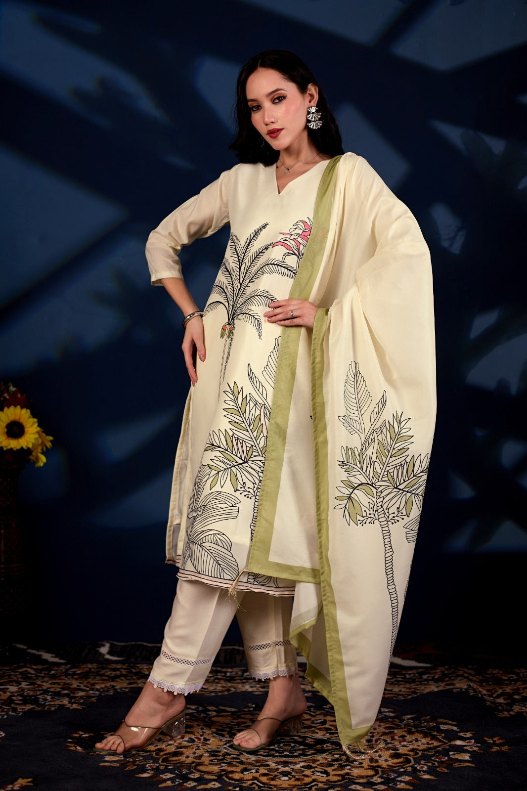 Ivory Botanica Printed 3-Piece Suit Set
