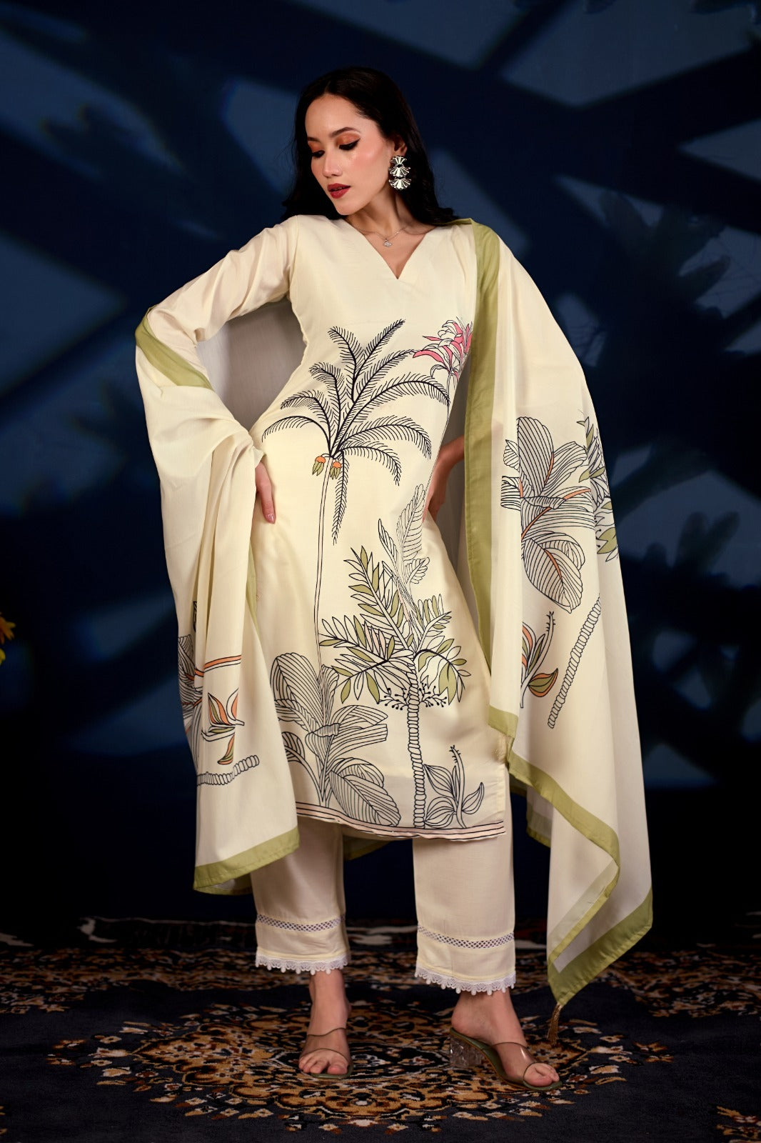 Ivory Botanica Printed 3-Piece Suit Set