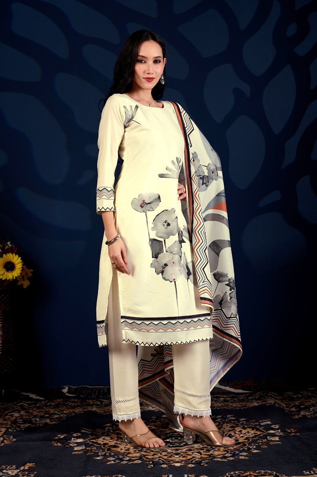 Ivory Floral Printed Anarkali Cord Set