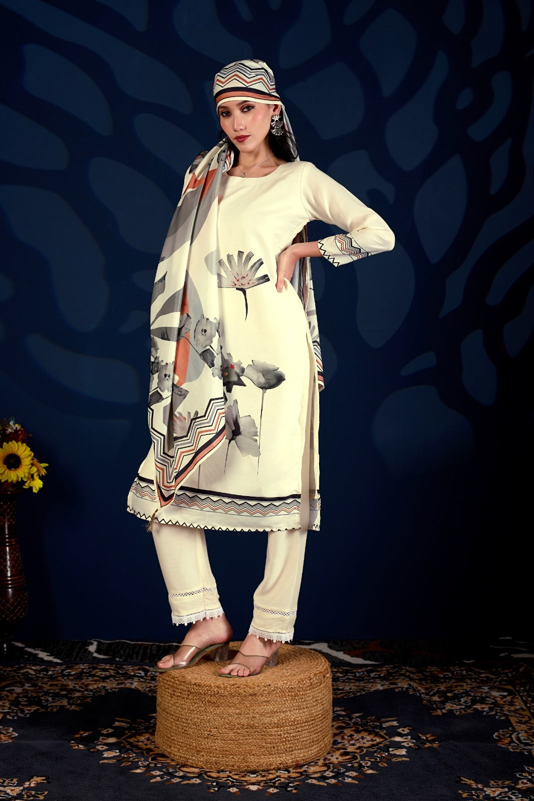Ivory Floral Printed Anarkali Cord Set
